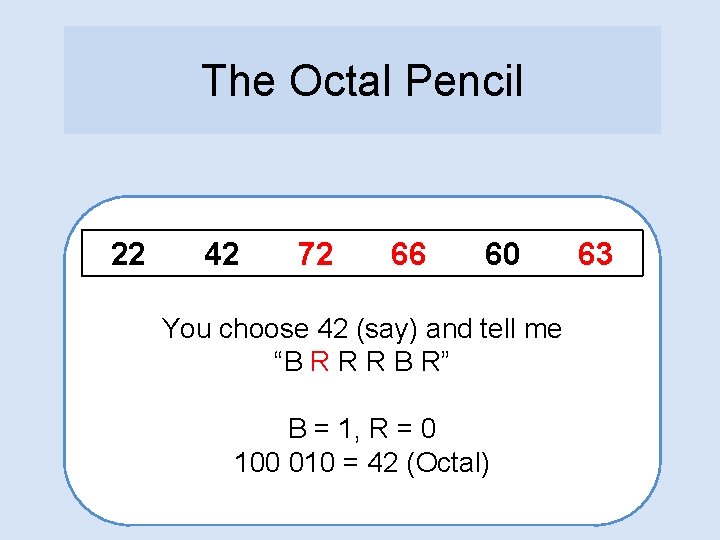 The Octal Pencil 22 42 72 66 60 You choose 42 (say) and tell