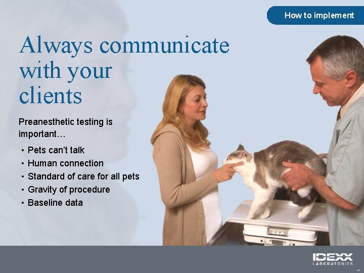 How to implement Always communicate with your clients Preanesthetic testing is important… • •