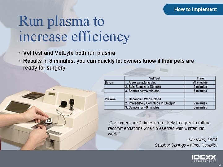 How to implement Run plasma to increase efficiency • Vet. Test and Vet. Lyte