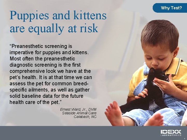 Puppies and kittens are equally at risk Why Test? “Preanesthetic screening is imperative for