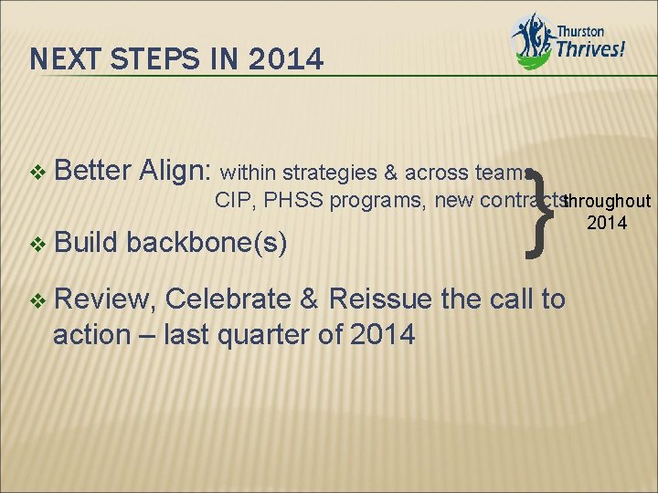 NEXT STEPS IN 2014 } v Better Align: within strategies & across teams CIP,