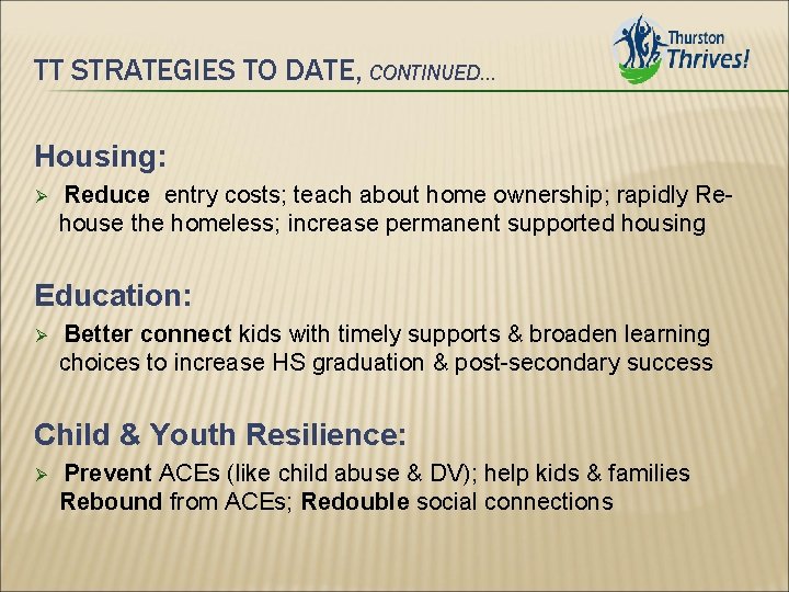 TT STRATEGIES TO DATE, CONTINUED… Housing: Ø Reduce entry costs; teach about home ownership;