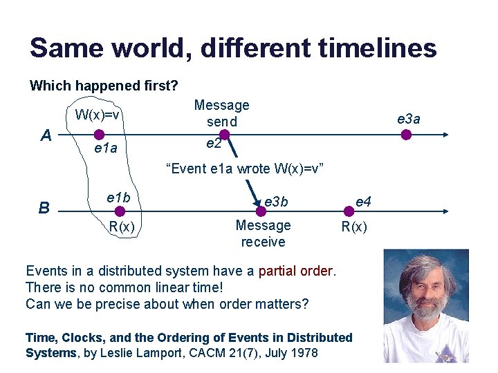 Same world, different timelines Which happened first? W(x)=v A e 1 a Message send