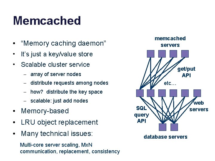 Memcached memcached servers • “Memory caching daemon” • It’s just a key/value store •