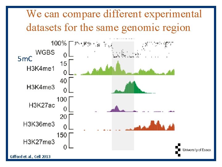 We can compare different experimental datasets for the same genomic region 5 m. C