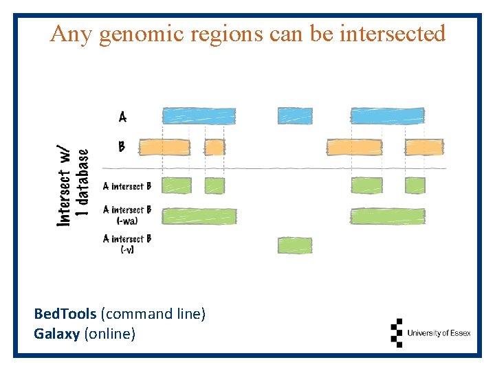 Any genomic regions can be intersected Bed. Tools (command line) Galaxy (online) 