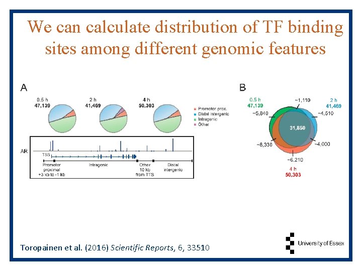 We can calculate distribution of TF binding sites among different genomic features Toropainen et