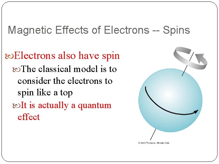 Magnetic Effects of Electrons -- Spins Electrons also have spin The classical model is