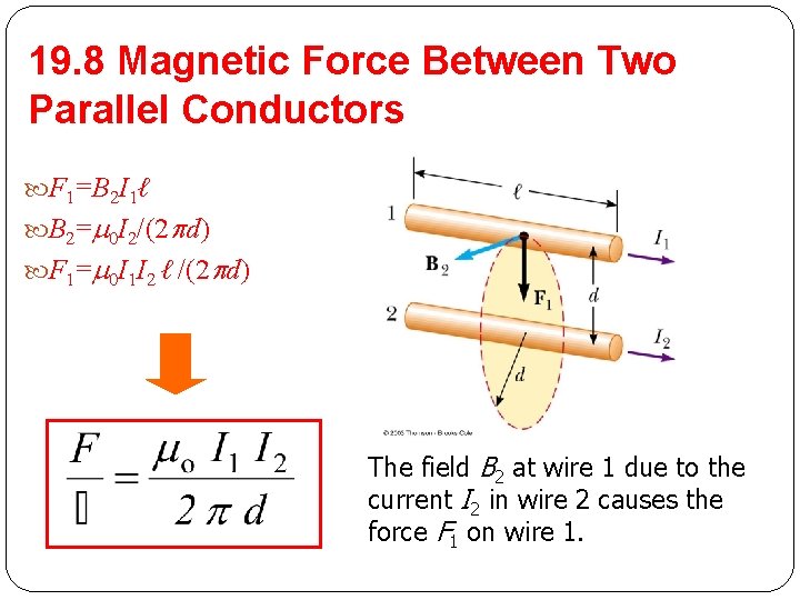 19. 8 Magnetic Force Between Two Parallel Conductors F 1=B 2 I 1ℓ B