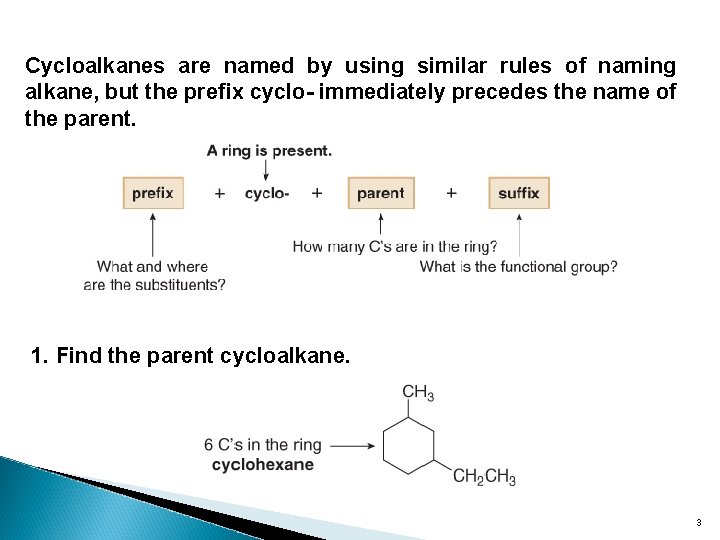 Cycloalkanes are named by using similar rules of naming alkane, but the prefix cyclo-