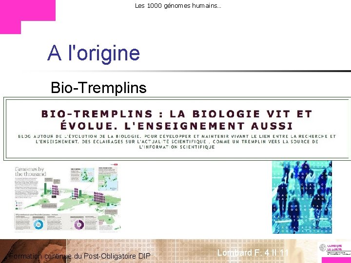 Les 1000 génomes humains… A l'origine Bio-Tremplins Formation continue du Post-Obligatoire DIP Lombard F.