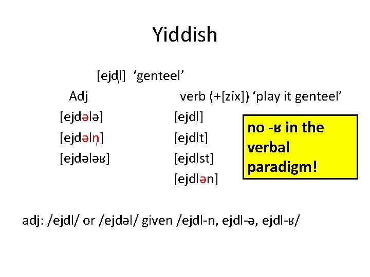 Yiddish [ejdl ] ‘genteel’ Adj verb (+[zix]) ‘play it genteel’ [ejdələ] [ejdl ] no