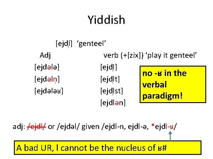 Yiddish [ejdl ] ‘genteel’ Adj verb (+[zix]) ‘play it genteel’ [ejdələ] [ejdl ] no