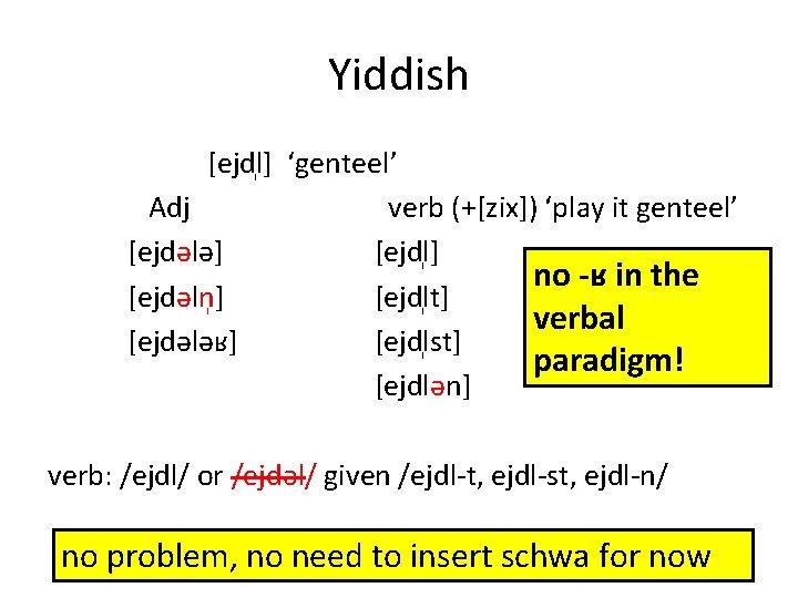 Yiddish [ejdl ] ‘genteel’ Adj verb (+[zix]) ‘play it genteel’ [ejdələ] [ejdl ] no