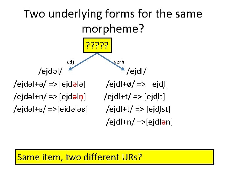 Two underlying forms for the same morpheme? ? ? ? verb adj /ejdəl/ /ejdəl+ə/