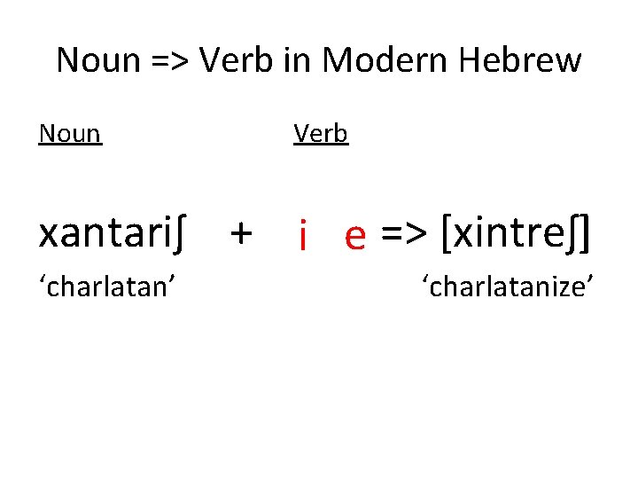 Noun => Verb in Modern Hebrew Noun Verb xantariʃ + => [xintreʃ] i e