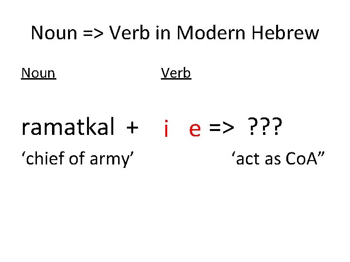 Noun => Verb in Modern Hebrew Noun Verb ramatkal + => ? ? ?