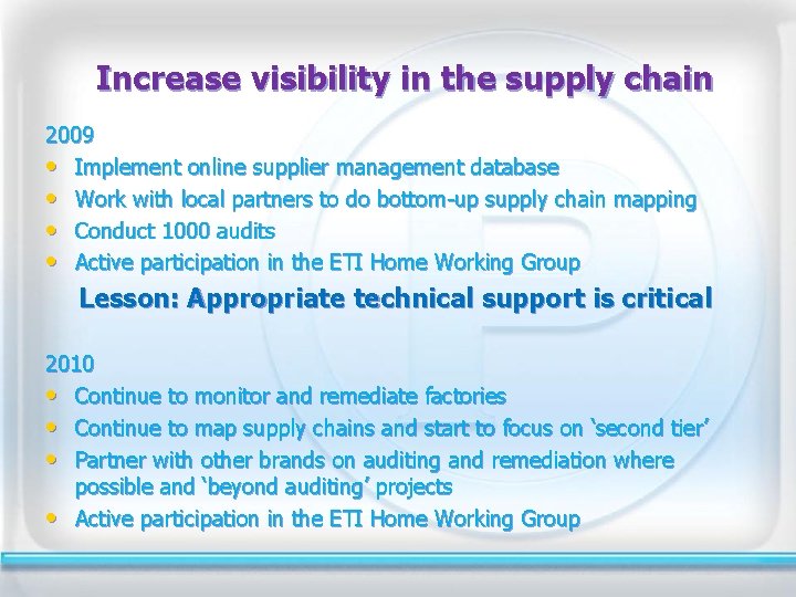 Increase visibility in the supply chain 2009 • Implement online supplier management database •