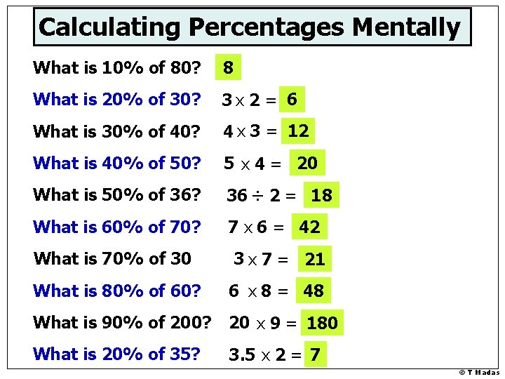 Calculating Percentages Mentally What is 10% of 80? 8 What is 20% of 30?
