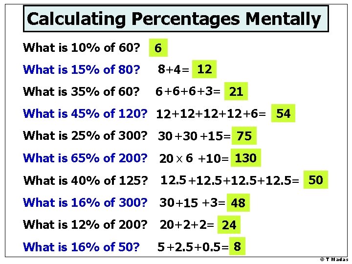 Calculating Percentages Mentally What is 10% of 60? 6 What is 15% of 80?