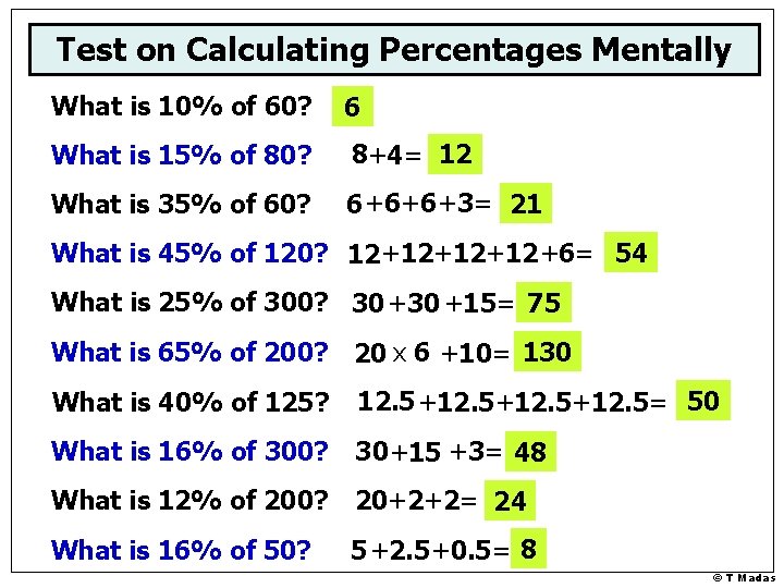 Test on Calculating Percentages Mentally What is 10% of 60? 6 What is 15%