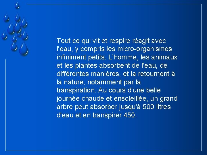 Tout ce qui vit et respire réagit avec l’eau, y compris les micro-organismes infiniment