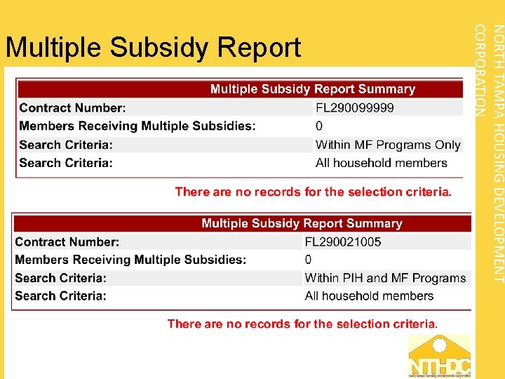 NORTH TAMPA HOUSING DEVELOPMENT CORPORATION Multiple Subsidy Report 