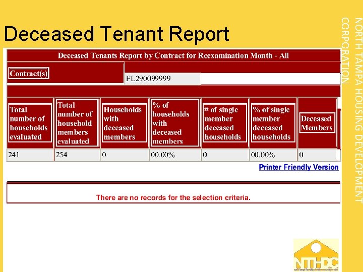 NORTH TAMPA HOUSING DEVELOPMENT CORPORATION Deceased Tenant Report 