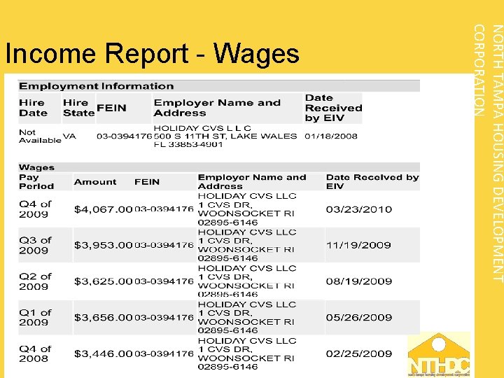 NORTH TAMPA HOUSING DEVELOPMENT CORPORATION Income Report - Wages 