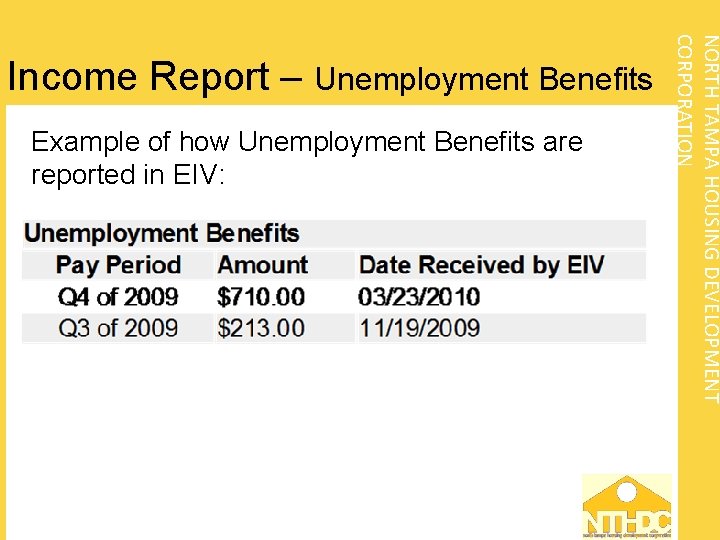 Example of how Unemployment Benefits are reported in EIV: NORTH TAMPA HOUSING DEVELOPMENT CORPORATION