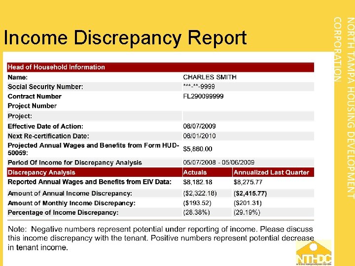  NORTH TAMPA HOUSING DEVELOPMENT CORPORATION Income Discrepancy Report 