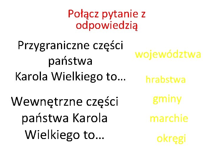 Połącz pytanie z odpowiedzią Przygraniczne części województwa państwa Karola Wielkiego to… hrabstwa Wewnętrzne części Połącz pytanie z odpowiedzią Przygraniczne części województwa państwa Karola Wielkiego to… hrabstwa Wewnętrzne części