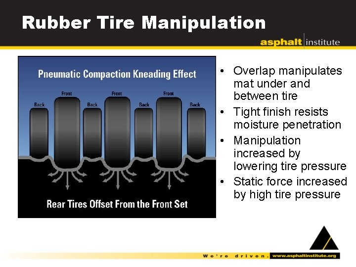 Rubber Tire Manipulation • Overlap manipulates mat under and between tire • Tight finish
