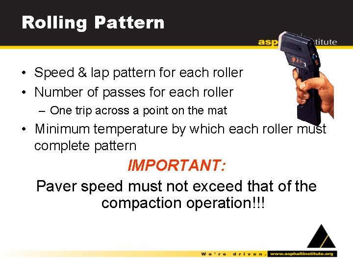 Rolling Pattern • Speed & lap pattern for each roller • Number of passes