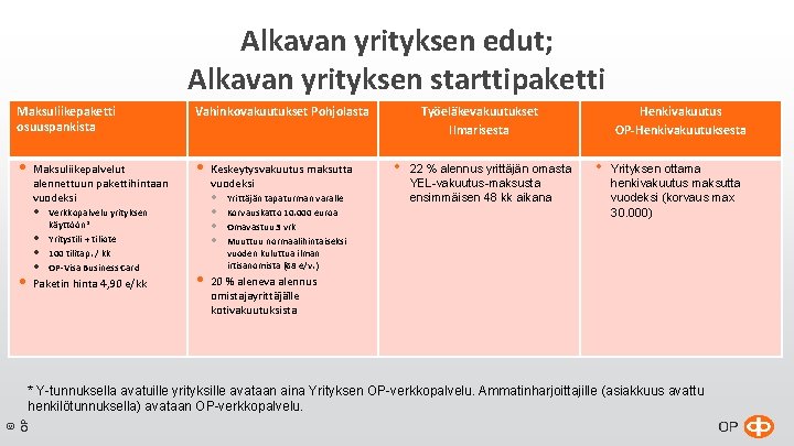 Alkavan yrityksen edut; Alkavan yrityksen starttipaketti Maksuliikepaketti osuuspankista Vahinkovakuutukset Pohjolasta • • Maksuliikepalvelut alennettuun Alkavan yrityksen edut; Alkavan yrityksen starttipaketti Maksuliikepaketti osuuspankista Vahinkovakuutukset Pohjolasta • • Maksuliikepalvelut alennettuun