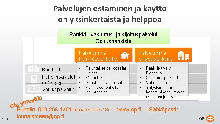 Palvelujen ostaminen ja käyttö on yksinkertaista ja helppoa Pankki-, vakuutus- ja sijoituspalvelut Osuuspankista Palvelumme Palvelujen ostaminen ja käyttö on yksinkertaista ja helppoa Pankki-, vakuutus- ja sijoituspalvelut Osuuspankista Palvelumme