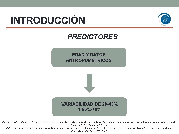 INTRODUCCIÓN PREDICTORES EDAD Y DATOS ANTROPOMÉTRICOS VARIABILIDAD DE 20 -43% Y 66%-78% Enright PL,