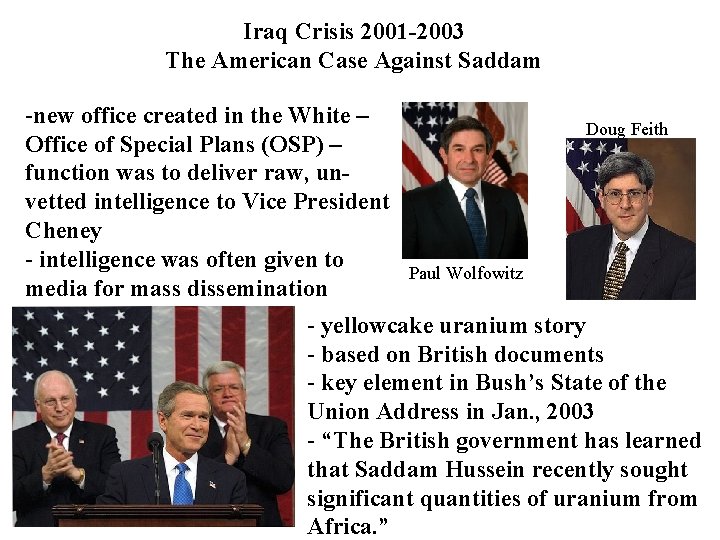 Iraq Crisis 2001 -2003 The American Case Against Saddam -new office created in the