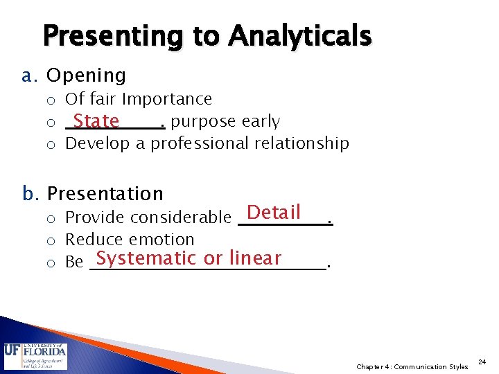 Presenting to Analyticals a. Opening o Of fair Importance o State. purpose early o