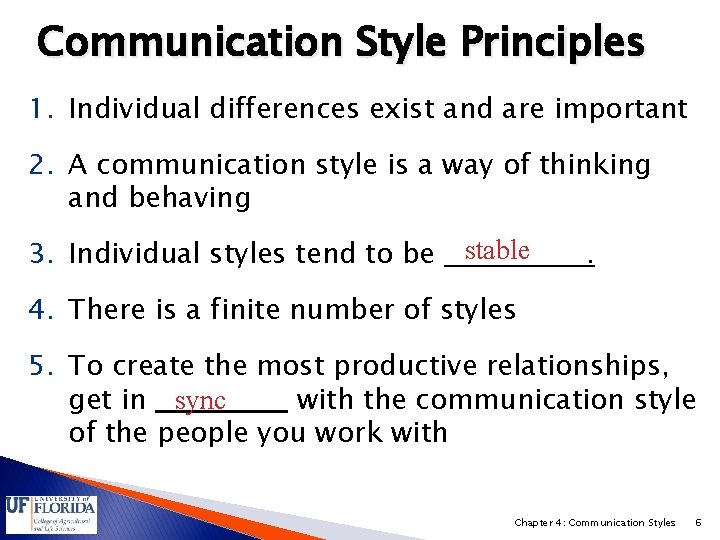 Communication Style Principles 1. Individual differences exist and are important 2. A communication style