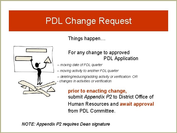 PDL Change Request Things happen… For any change to approved PDL Application – moving