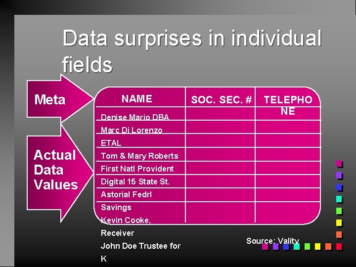 Data surprises in individual fields Meta NAME Denise Mario DBA SOC. SEC. # TELEPHO