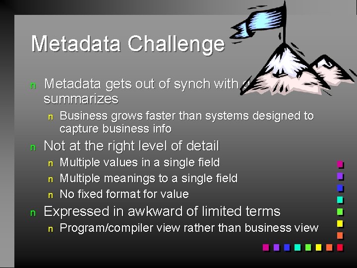 Metadata Challenge n Metadata gets out of synch with details it summarizes n n