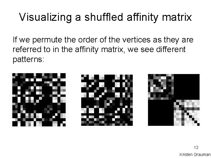 Visualizing a shuffled affinity matrix If we permute the order of the vertices as