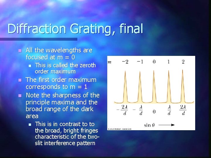 Diffraction Grating, final n All the wavelengths are focused at m = 0 n