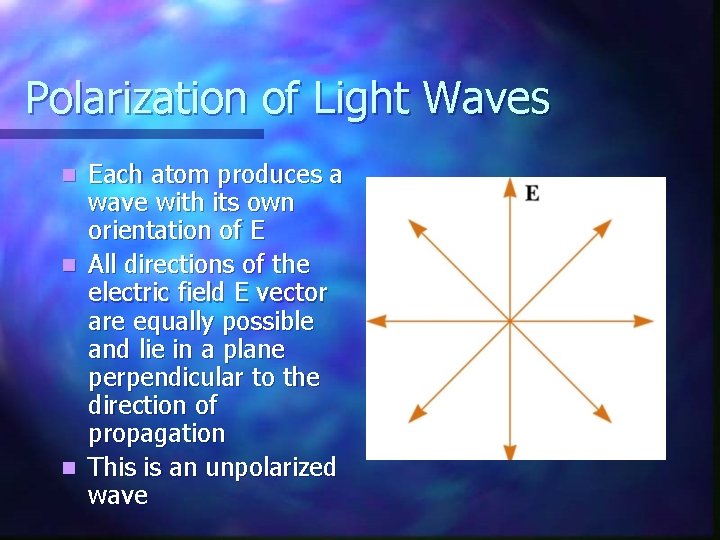 Polarization of Light Waves Each atom produces a wave with its own orientation of