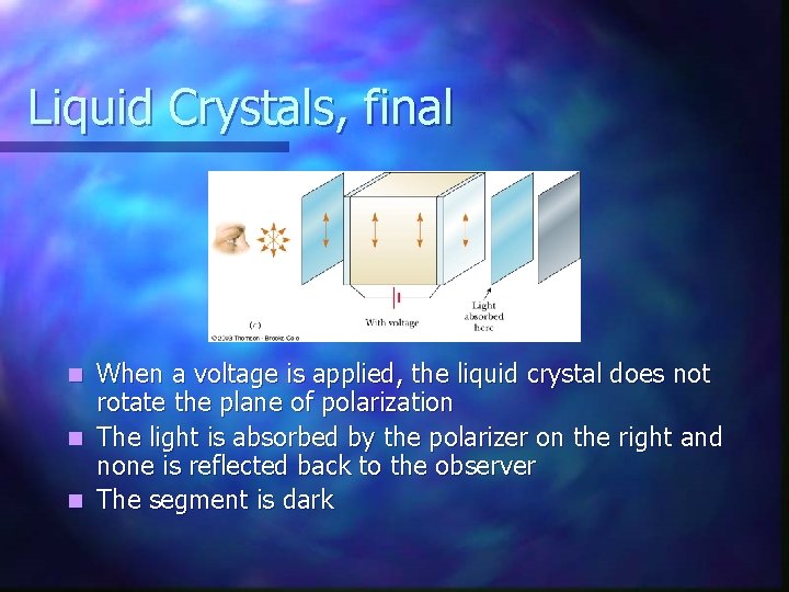 Liquid Crystals, final When a voltage is applied, the liquid crystal does not rotate