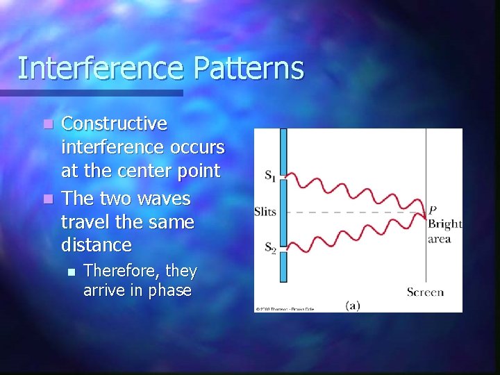 Interference Patterns Constructive interference occurs at the center point n The two waves travel