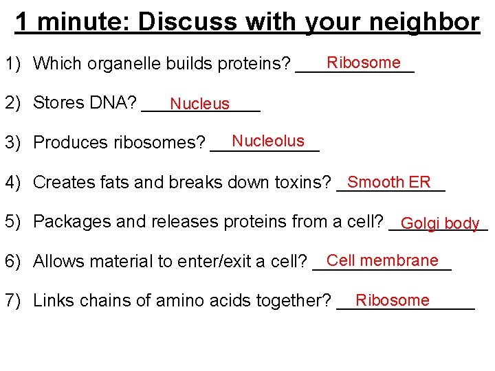 1 minute: Discuss with your neighbor Ribosome 1) Which organelle builds proteins? ______ 2)