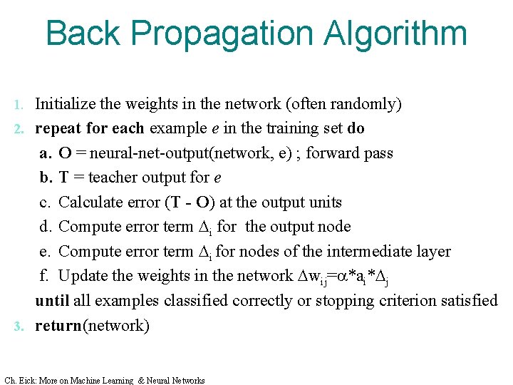 Back Propagation Algorithm Initialize the weights in the network (often randomly) 2. repeat for